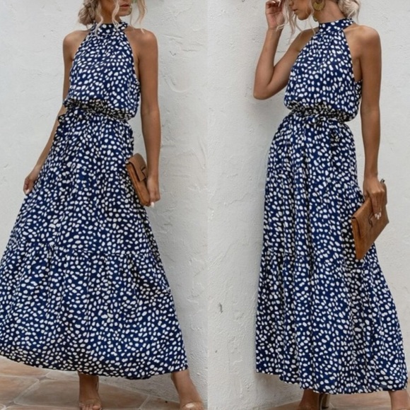 Boho floral print belted halter maxi dress - Picture 3 of 4